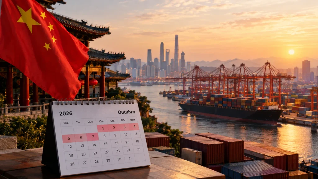 Calendário em um porto de carga apresentando as datas do golden week da china